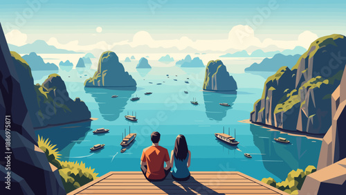 Low Poly Couple enjoys scenic view of Ha Long Bay with traditional boats and karst formations