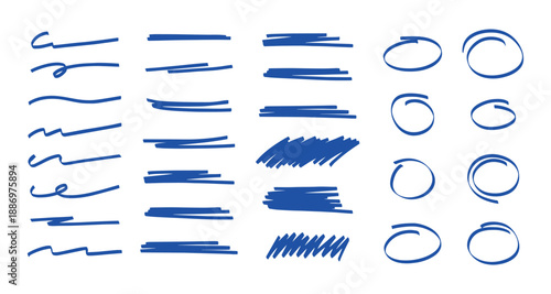 Hand drawn blue marker underline elements set.Artistic doodle underlines collection isolated on white background.
