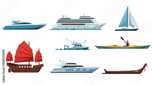 Low Poly Collection of diverse watercraft including yachts, cruise ship, sailboat, and traditional boats