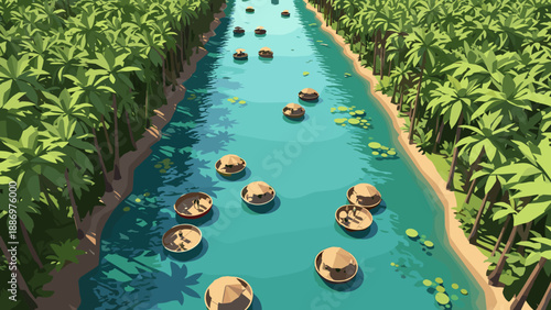 Low Poly Aerial view of a tranquil river flowing through a lush palm forest with traditional boats