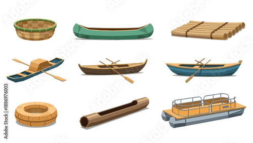 Low Poly Collection of diverse watercraft and floating vessels, from canoes to pontoons