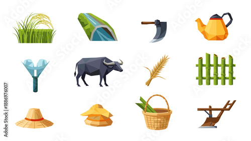 Low Poly Collection of agricultural icons with rice, buffalo, and farming tools in a low-poly style