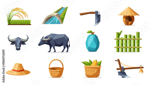 Low Poly Collection of stylized agricultural icons representing farming and rural life elements