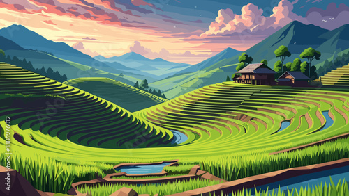 Low Poly Lush green terraced rice fields cascade down rolling hills at sunset
