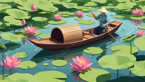 Low Poly Person in conical hat rows a boat through a serene pond filled with pink lotus flowers and lily pads
