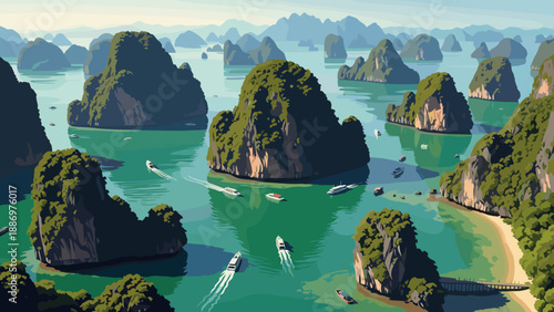Low Poly Scenic view of Halong Bay with limestone karsts and boats sailing on emerald waters