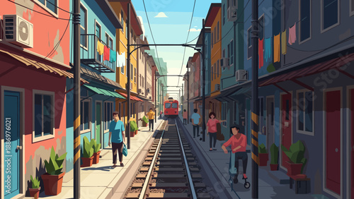 Bustling urban street with train tracks in vibrant neighborhood
