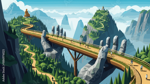 Low Poly Golden Bridge Vietnam architectural marvel held by giant stone hands in mountains