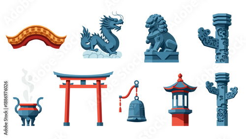 Traditional asian cultural icons and landmarks in flat design