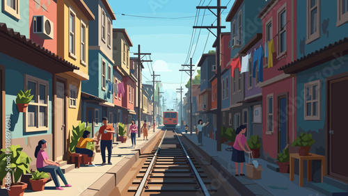 Colorful urban neighborhood with people and train in street scene