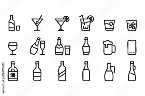Alcohol Bottle and Glass Icons for Beverage Branding UI