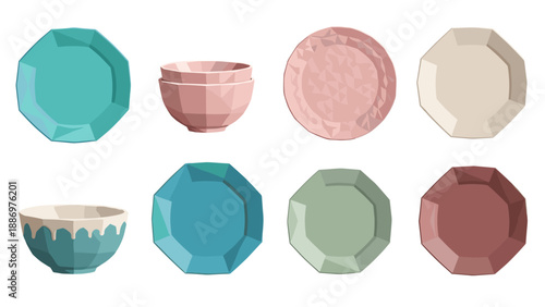 Geometric polygonal modern tableware collection on white background