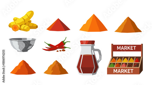 Colorful market stand with spices and condiments in flat design
