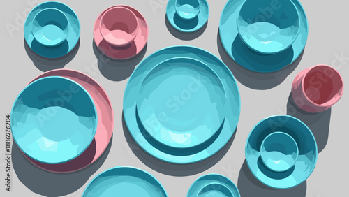 Low Poly A collection of colorful geometric bowls and plates arranged on a flat surface