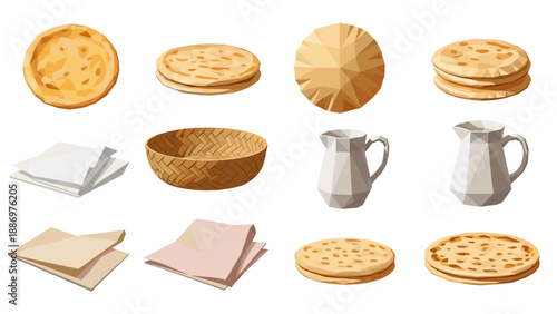 Low Poly Collection of flatbreads, napkins, and pitchers in a low-poly, isometric style
