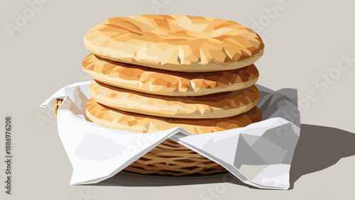 Low Poly Stack of golden flatbreads served in a woven basket with white cloth lining
