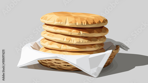 Low Poly Stack of flatbreads in a basket with white napkin, low poly illustration