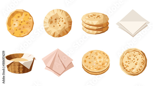 Low Poly Collection of flatbreads, napkins, and bread basket in a low-poly illustration style