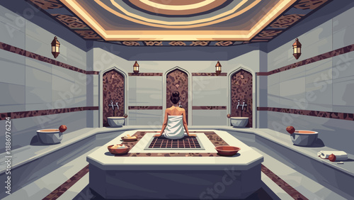 Luxurious spa experience in modern turkish bath with intricate geometric design