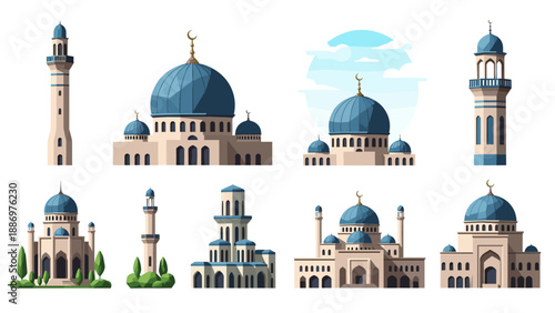 Elegant mosque collection with blue domes and minarets in flat style