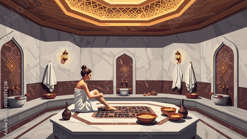Luxurious spa experience in a traditional turkish bath interior with intricate ceiling design