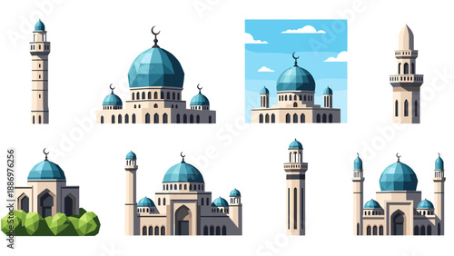 Low Poly Collection of Islamic mosque buildings and minarets in a flat, modern illustration style
