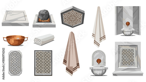 Low Poly Collection of Turkish Bath Elements: Marble, Copper, and Towels