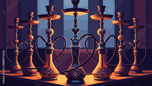 Low Poly Arrangement of ornate shisha pipes with intricate designs and warm lighting