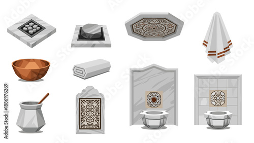 Spa and bath elements with stone and wood details in a minimalist design