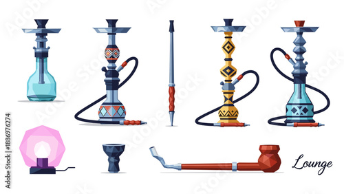 Colorful geometric hookahs and pipes collection with lounge decor elements