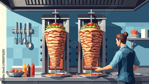 Low Poly Chef preparing vertical rotisserie shawarma meat in a busy restaurant kitchen