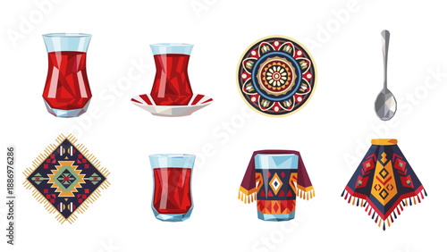 Traditional turkish tea set with geometric patterns and vibrant colors