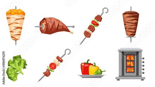 Low Poly Assortment of grilled meats and vegetables, a shawarma spit, and a grill