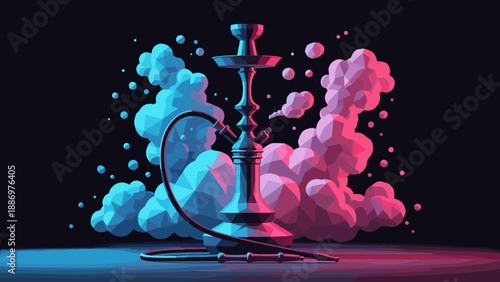 Neon-art hookah with colorful smoke swirls in 3d low-poly style