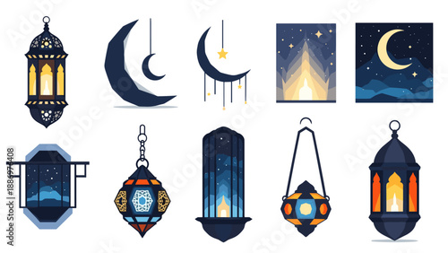 Elegant lanterns and crescent moons under starry night sky in flat design