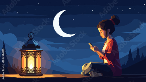 Low Poly Young woman using smartphone at night under crescent moon with lantern