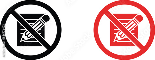 Black and red prohibition signs with a notebook and pencil forbidden not allowed