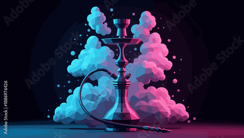 Neon hookah design with geometric clouds and vibrant lighting for modern decor