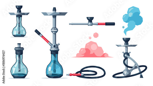 Modern hookah set in geometric style with accessories and smoke elements
