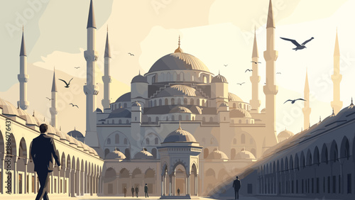 Low Poly Majestic Blue Mosque in Istanbul bathed in golden hour light with birds soaring