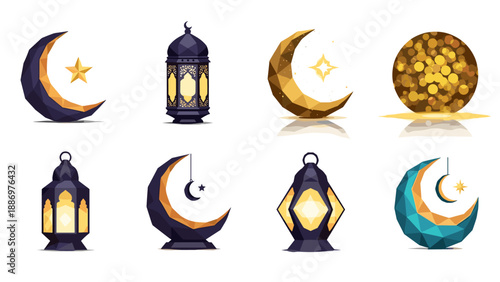 Low poly eid lanterns and moons with festive geometric design
