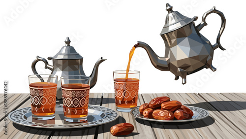 Pouring hot mint tea into traditional glasses with dates on a wooden table