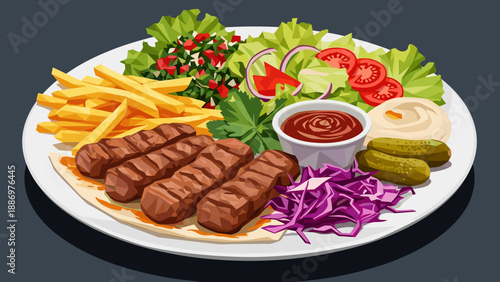 Delicious grilled kofta and french fries served with fresh salad and dips on a plate