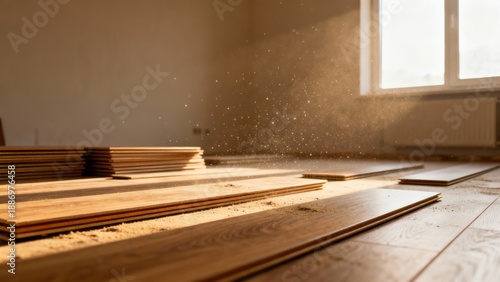 Wood Planks Prepared, Wood Slabs Awaiting Flooring Installation, Stacked Lumber Ready For Installation Project, Lumber Arranged In Room For Flooring Construction Preparations