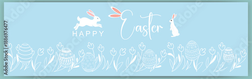 Happy Easter Banner with Bunnies, Eggs, and Flowers vector