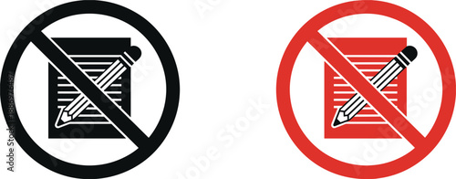 Black and red prohibition signs with a notebook and pencil forbidden not allowed