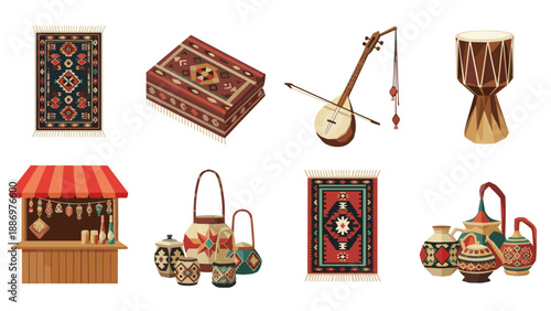 Collection of traditional Middle Eastern crafts and musical instruments displayed
