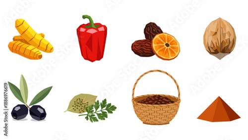 Collection of colorful, stylized ingredients and spices arranged in a grid
