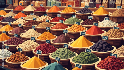 Vibrant display of colorful spices and dried goods at a bustling market stall