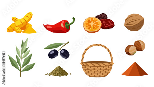 Collection of stylized ingredients for cooking and baking, including spices and fruits